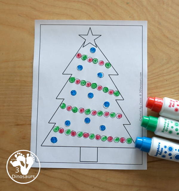 Free Christmas Tree Fine Motor Mat Printable - with Christmas Tree tracing, Christmas Tree mat, Christmas Tree dot marker, Christmas Tree q-tip - with different options for the Christmas Tree - 3Dinosaurs.com
