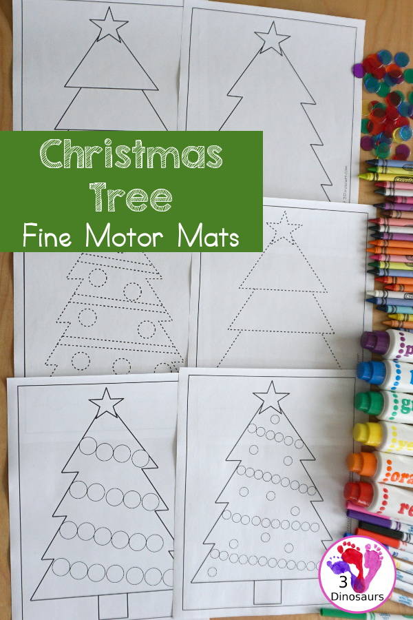 Free Christmas Tree Fine Motor Mat Printable - with Christmas Tree tracing, Christmas Tree mat, Christmas Tree dot marker, Christmas Tree q-tip - with different options for the Christmas Tree - 3Dinosaurs.com