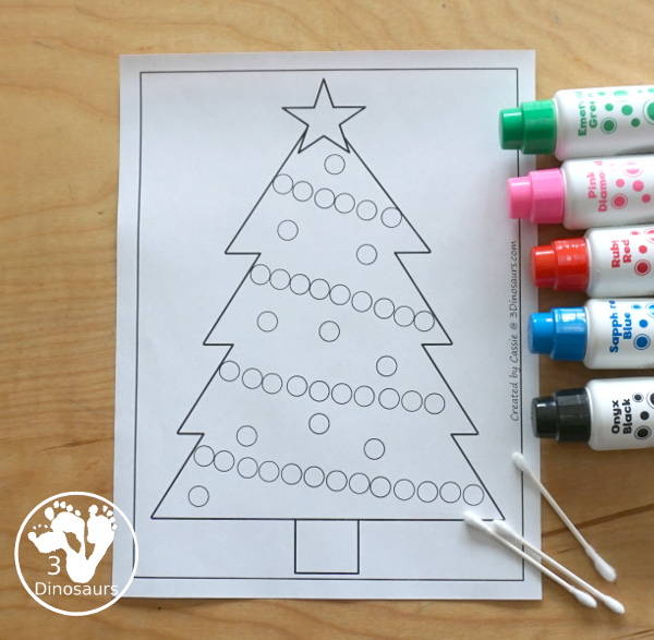 Free Christmas Tree Fine Motor Mat Printable - with Christmas Tree tracing, Christmas Tree mat, Christmas Tree dot marker, Christmas Tree q-tip - with different options for the Christmas Tree - 3Dinosaurs.com