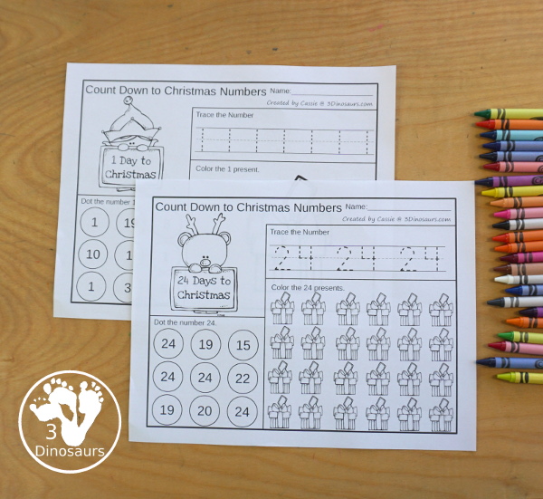 Free Count Down to Christmas with Numbers  - 24 pages with tracing numbers, finding numbers and coloring the Christmas gifts on each page - 3Dinosaurs.com