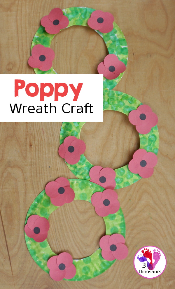 Poppy Flower Wreath Craft for Kids for Veteran's Day. A great way to remember veterans and all they have done. These are great to make for remembrance days, veterans day and memorial day - 3Dinosaurs.com