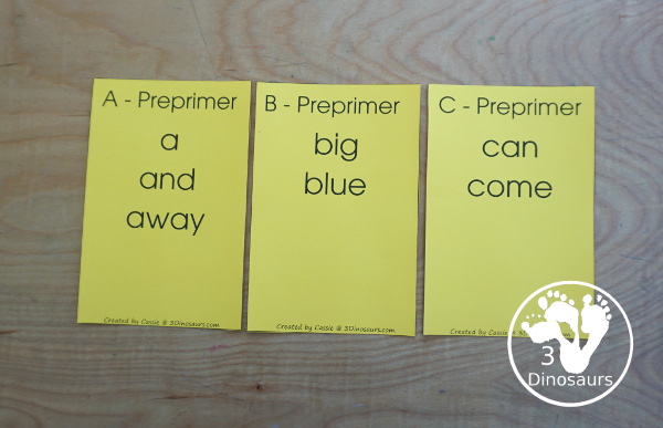 Free Dolch Preprimer Sight Word Wall Cards with each wall cards having all the words that start with that letter with 20 wall cards for kids - 3Dinosaurs.com