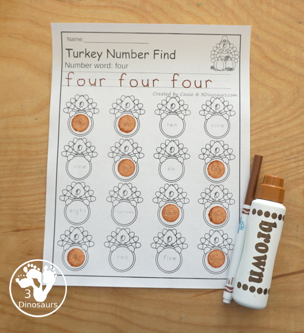 Turkey Themed Number Find: Digit and Words with tracing $ - 3Dinosaurs.com
