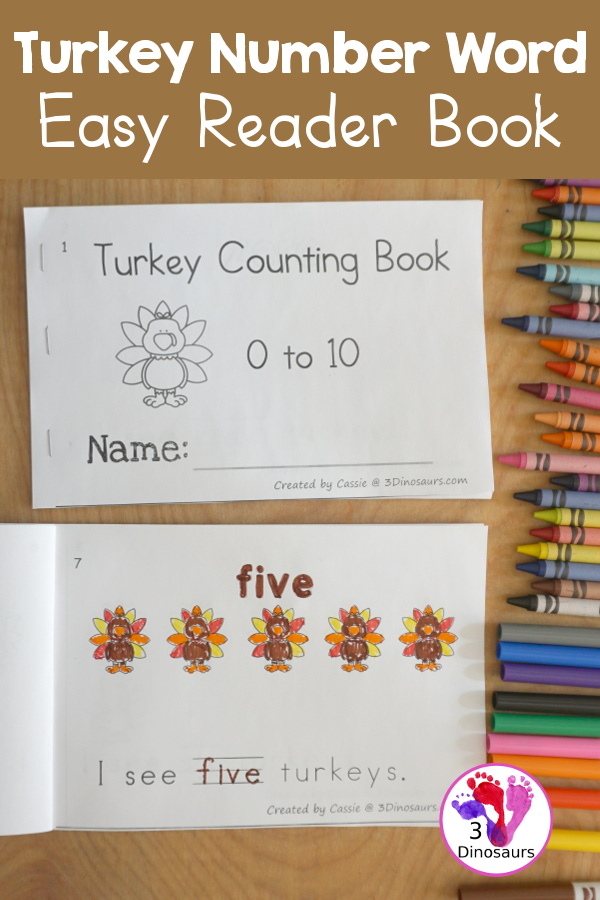 Free Turkey Number Word Counting Book Printable - with numbers from 0 to 10 with coloring number color and tracing number word in the sentence - 3Dinosaurs.com