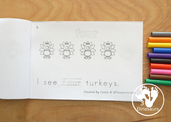Free Turkey Number Word Counting Book Printable - with numbers from 0 to 10 with coloring number color and tracing number word in the sentence - 3Dinosaurs.com