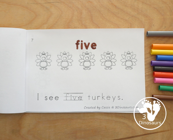 Free Turkey Number Word Counting Book Printable - with numbers from 0 to 10 with coloring number color and tracing number word in the sentence - 3Dinosaurs.com