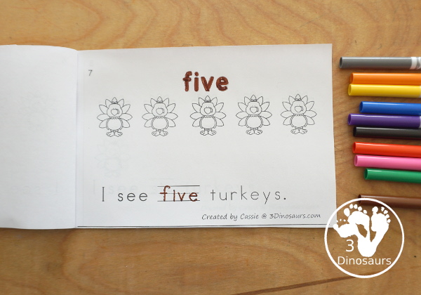 Free Turkey Number Word Counting Book Printable - with numbers from 0 to 10 with coloring number color and tracing number word in the sentence - 3Dinosaurs.com