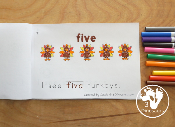 Free Turkey Number Word Counting Book- with numbers from 0 to 10 with coloring number color and tracing number word in the sentence - 3Dinosaurs.com