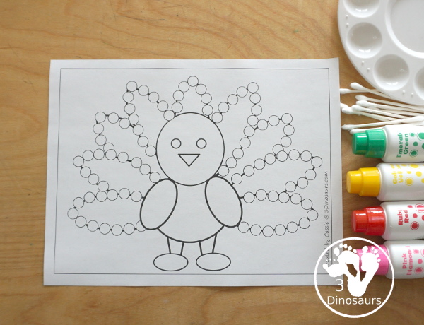 Free Turkey Fine Motor Mat Printable - with turkey tracing, turkey mat, turkey dot marker - with different options for the turkey - 3Dinosaurs.com