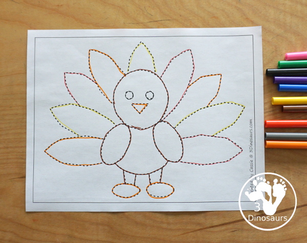 Free Turkey Fine Motor Mat Printable - with turkey tracing, turkey mat, turkey dot marker - with different options for the turkey - 3Dinosaurs.com