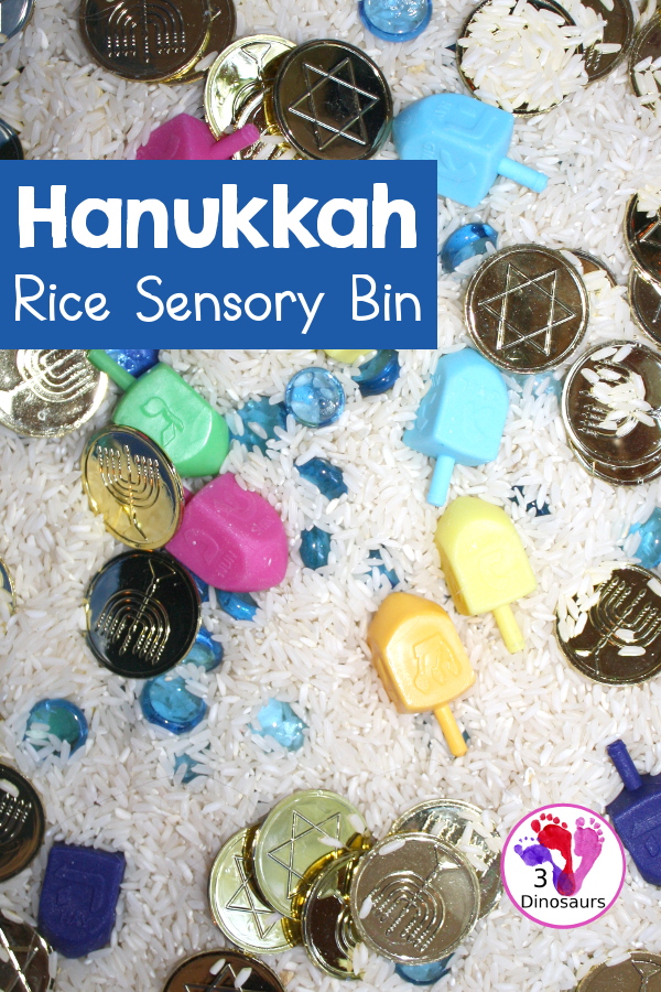 Hanukkah Rice Sensory Bin - you have a rice filler with dreidels and coins with Hanukkah themes- 3Dinosaurs.com