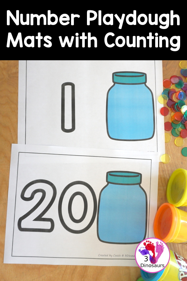 Free Number Playdough Mats with Counting  Printable: Numbers 1 to 20. You have a playdough number and a jar for counting up to that number - 3Dinosaurs.com