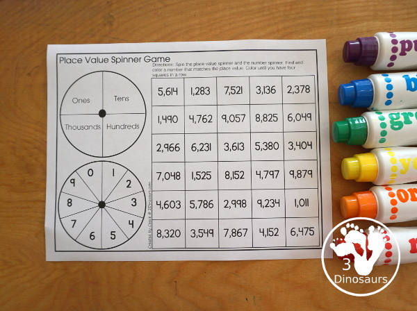 Spinning Place Value Game with Three Levels - tens and ones, hundreds, tens and ones; thousands, hundreds, tens and ones - You spin and find the number with the matching place value.- 3Dinosaurs.com