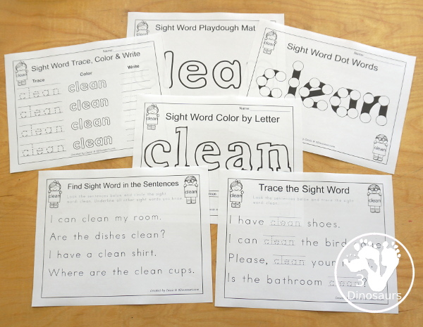 Free Romping & Roaring Third Grade Sight Words Packs Set 2: Clean, Cut, Done, Draw - 6 pages of activities for each third Grade sight words: clean, cut, done, draw. These are great for easy to use learning centers - 3Dinosaurs.com