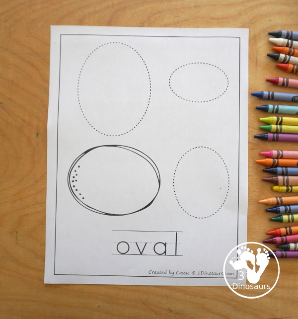 Free Shape Tracing Printable with Coloring has three shapes to trace on each page, a shape to color and the shape word below. - 3Dinosaurs.com