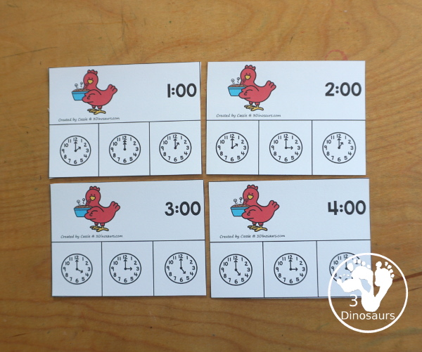 Free Little Red Hen Telling Time Clip Card Printables - you have 12 hourly clip cards to work on telling time with a little red hen theme with a recording sheet for the clip cards.- 3Dinosaurs.com