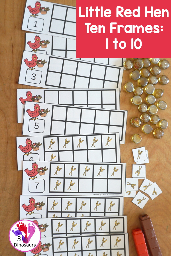 Free Wheat Ten Frame Printables for The Little Red Hen has numbers 1 to 10. You have two sets of ten frames cards. You have one with the ten frame filled out and one with the ten frame blank. It has a gathering wheat theme - 3Dinosaurs.com
