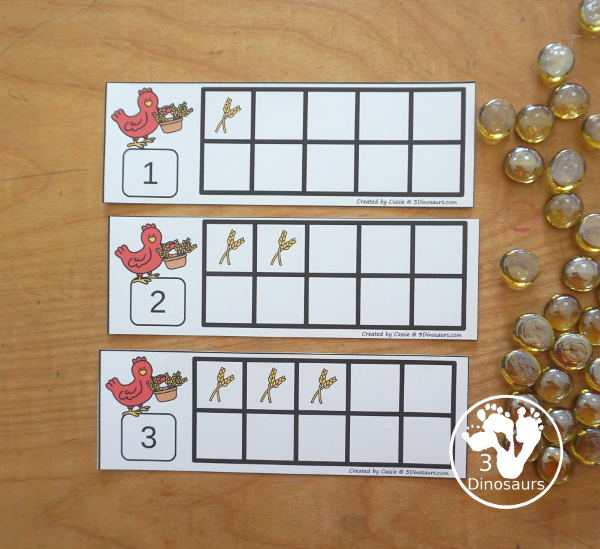 Free Wheat Ten Frame Printables for The Little Red Hen has numbers 1 to 10. You have two sets of ten frames cards. You have one with the ten frame filled out and one with the ten frame blank. It has a gathering wheat theme - 3Dinosaurs.com