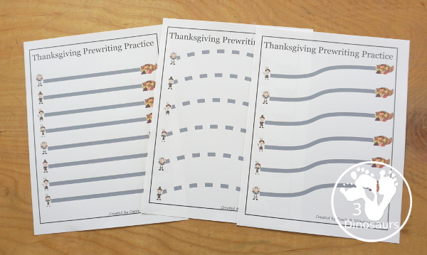 Free Thanksgiving Prewriting Practice Printables 7 thick solid prewriting lines, 7 thick dashed prewriting lines, 14 thin dashed prewriting lines with natives, pilgrims and cornucopia theme. 3Dinosaurs.com