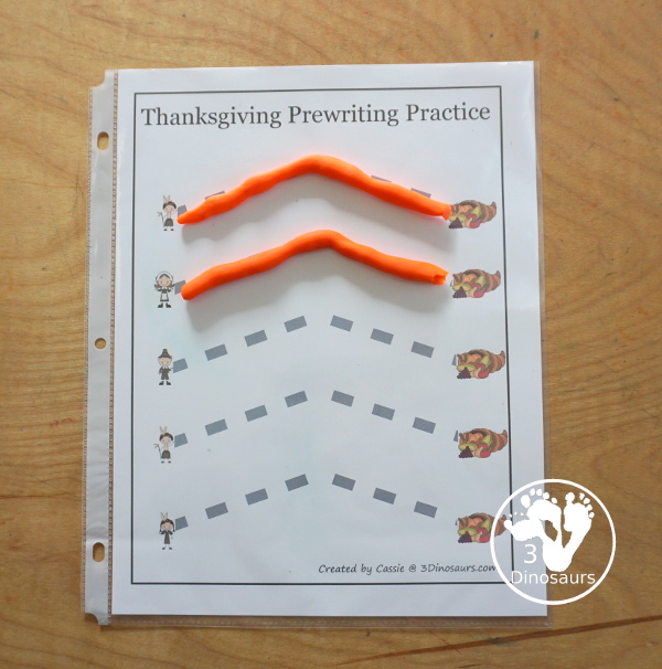 Free Thanksgiving Prewriting Practice Printables 7 thick solid prewriting lines, 7 thick dashed prewriting lines, 14 thin dashed prewriting lines with natives, pilgrims and cornucopia theme. 3Dinosaurs.com