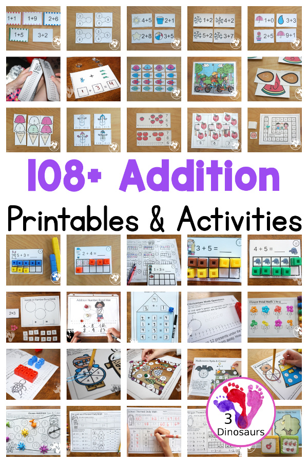 108+ Addition Printables & Activities - with a mix of cards, bookmarks, worksheets, task cards, ten frame cards, help mats, number bonds, math fact house, no-prep seasonal worksheets, addition math and more - 3Dinosaurs.com