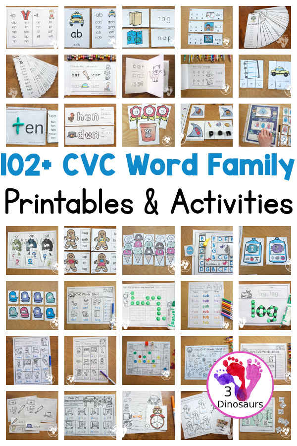 102+ CVC Word Family Printables & Activities - wall cards, bookmarks, flashcards, worksheets, puzzles, clip cards, books and more hands-on learning to read -  3Dinosaurs.com