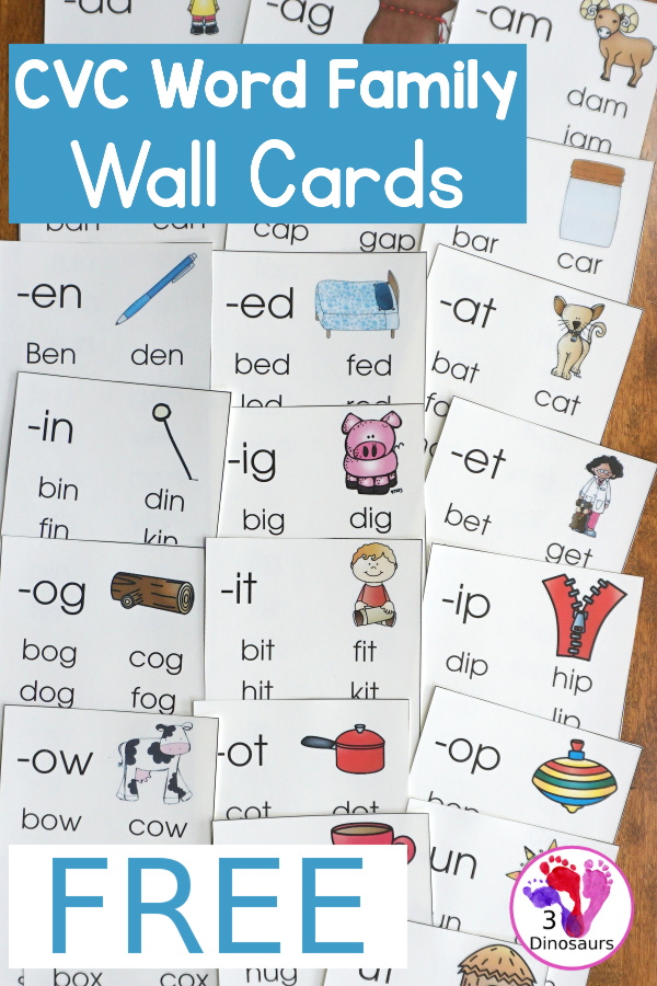 FREE CVC Word Family Wall Cards - with 22 word families for kids to learn with. 2 cards per page and up to 10 words per card - 3Dinosaurs.com
