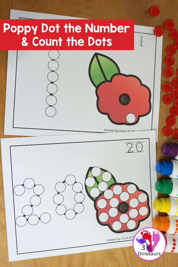 Poppy Dot the Number & Counting:  - Numbers 0 to 20 with dot marker numbers and dots on the poppy to count. - 3Dinosaurs.com