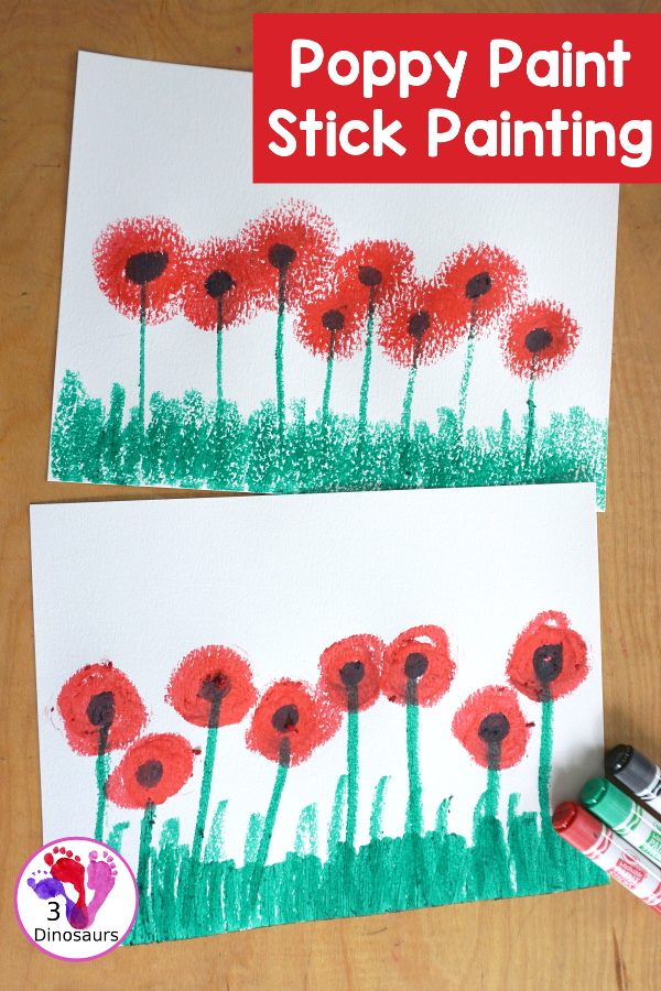 Paint Stick Poppy Painting For Veteran's Day - a simple painting using only paint sticks to make a field of poppies. A simple painting activity that kids will have loads of fun making for Veteran's Day or Memorial Day. - 3Dinosaurs.com