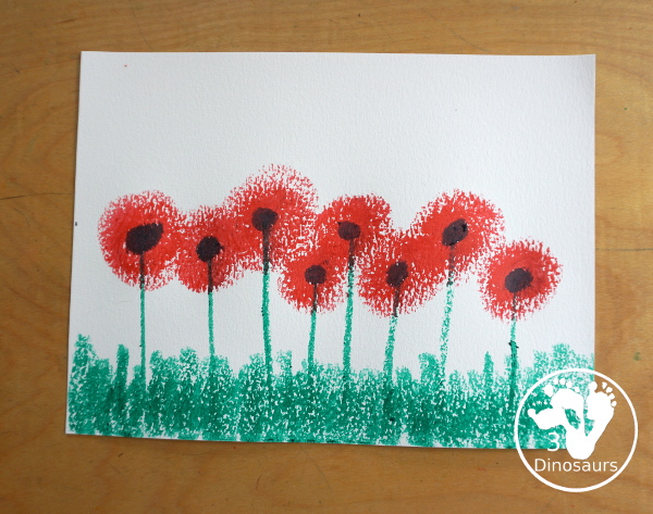 Paint Stick Poppy Painting For Veteran's Day - a simple painting using only paint sticks to make a field of poppies. A simple painting activity that kids will have loads of fun making for Veteran's Day or Memorial Day. - 3Dinosaurs.com
