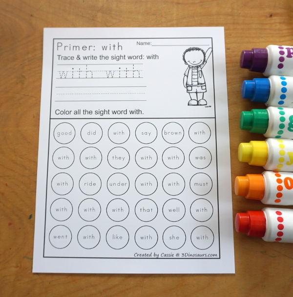 Primer Sight Word Trace & Dot the Word - a fun way to work on sight word with tracing the sight word and finding the sight words. Also has trace and write version as well. - 3Dinosaurs.com