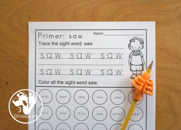 Free Primer Sight Word Trace & Dot the Word - a fun way to work on sight word with tracing the sight word and finding the sight words. - 3Dinosaurs.com