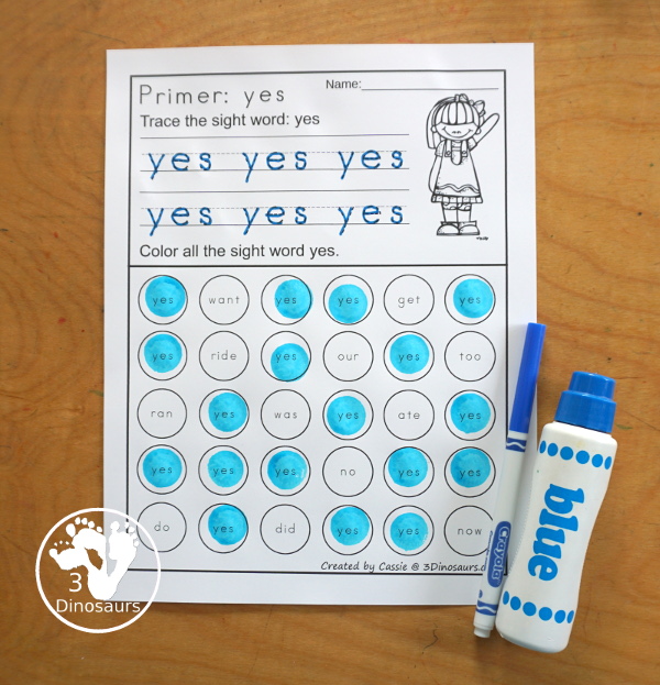 Free Primer Sight Word Trace & Dot the Word - a fun way to work on sight word with tracing the sight word and finding the sight words. - 3Dinosaurs.com
