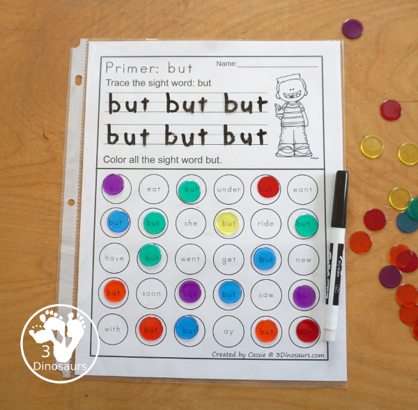 Free Primer Sight Word Trace & Dot the Word - a fun way to work on sight word with tracing the sight word and finding the sight words. - 3Dinosaurs.com