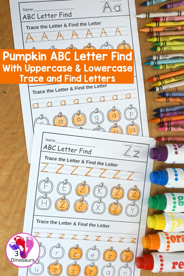 Pumpkin ABC Letter Find with Uppercase Find and Lowercase Find Printable - has all 26 letters of the alphabet with uppercase letter find and lowercase letter find on the same pages with tracing letters - 3Dinosaurs.com