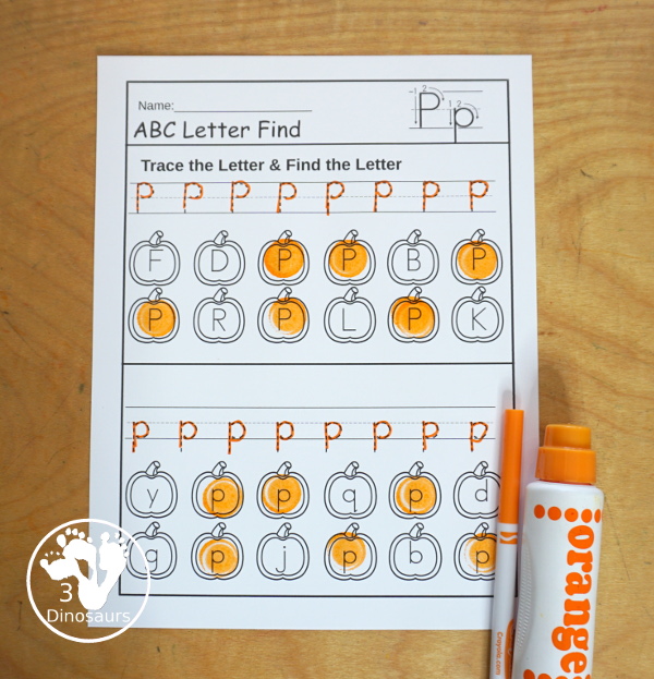 Pumpkin ABC Letter Find with Uppercase Find and Lowercase Find Printable - has all 26 letters of the alphabet with uppercase letter find and lowercase letter find on the same pages with tracing letters - 3Dinosaurs.com