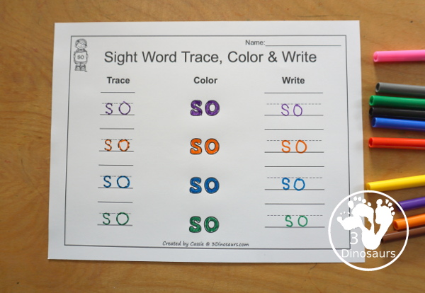 Free Romping & Roaring Primer Sight Words: Say, She, So, Soon - you have 6 pages for each sight word that work on learning the sight word in different ways with reading, writing, and finding. 3Dinosaurs.com