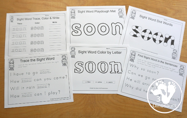 Free Romping & Roaring Primer Sight Words: Say, She, So, Soon - you have 6 pages for each sight word that work on learning the sight word in different ways with reading, writing, and finding. 3Dinosaurs.com