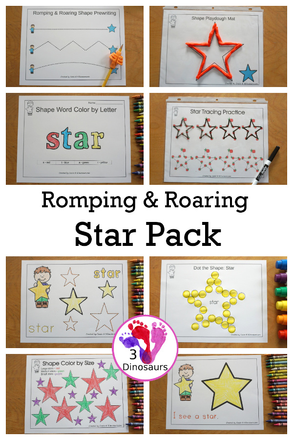 Free Romping & Roaring Star Pack - a free 10 page shape pack for kids to use to learn their shape with tracing, coloring, dot markers and more. - 3Dinosaurs.com