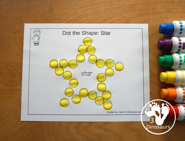 Free Romping & Roaring Star Pack - a free 10 page shape pack for kids to use to learn their shape with tracing, coloring, dot markers and more. - 3Dinosaurs.com