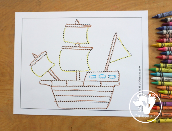 Free Ship Fine Motor Mat Printables - a fun collection of fine motor mats with a shape theme. You have ship template, a ship tracing printable and a ship q-tip page. A great set of printable for kids in preschool, prek and kindergarten - 3Dinosaurs.com