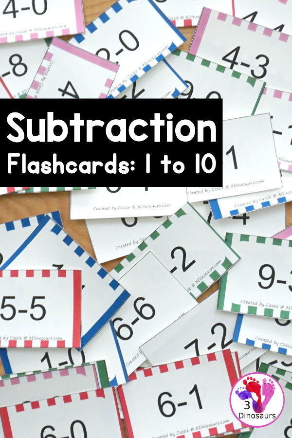 Free Subtraction Flashcards: 1 to 10 for kindergarten, first grade, and second grade with ways to use with and five color options - 3Dinosaurs.com