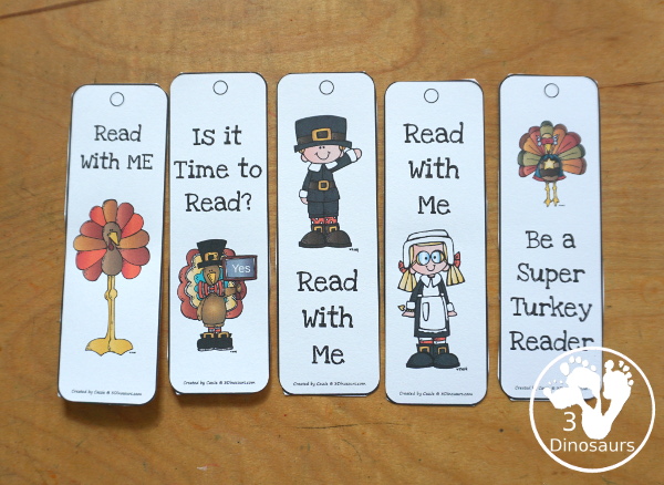 Free Thanksgiving Bookmarks - 8 bookmarks to use during Thanksgiving and with fun sayings for figures. Great for kids in first grade, second grade and third grade. - 3Dinosaurs.com