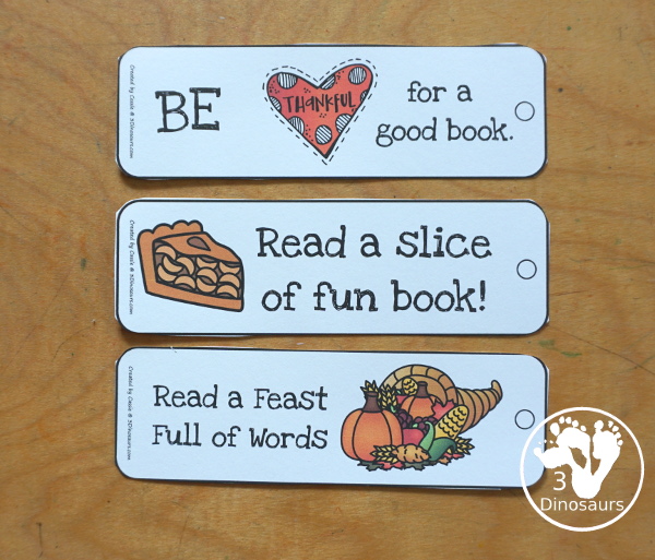 Free Thanksgiving Bookmarks - 8 bookmarks to use during Thanksgiving and with fun sayings for figures. Great for kids in first grade, second grade and third grade. - 3Dinosaurs.com
