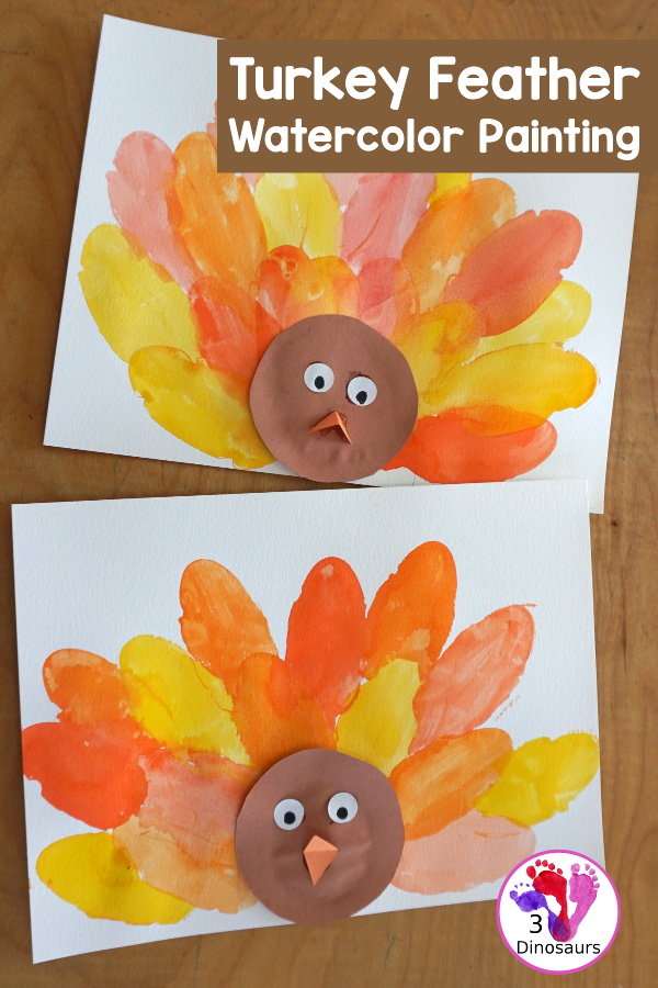 Turkey Feather Watercolor Painting for Kids - a fun turkey craft made with a cookie cutter feather and construction paper. A fun watercolor painting idea with feathers for a Thanksgiving craft for kids in preschool, prek, and kindergarten. 3Dinosaurs.co