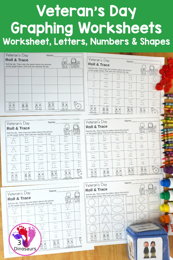 Veteran's Day Roll & Graph With Trace Letters, Numbers & Shapes with a folding die and cube die with a graphing sheet, graphing with tracing numbers, graphing with tracing letters and graphing with tracing shapes. All with a fun military theme for prek and kindergarten. - 3Dinosaurs.com