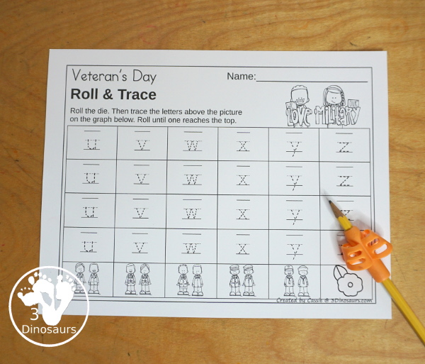 Veteran's Day Roll & Graph With Trace Letters, Numbers & Shapes with a folding die and cube die with a graphing sheet, graphing with tracing numbers, graphing with tracing letters and graphing with tracing shapes. All with a fun military theme for prek and kindergarten. - 3Dinosaurs.com