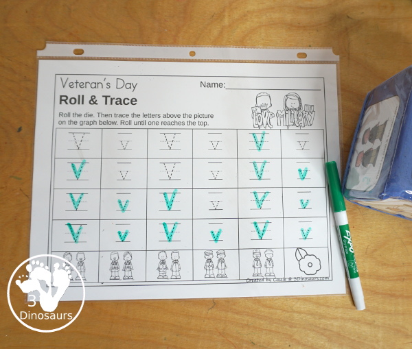 Veteran's Day Roll & Graph With Trace Letters, Numbers & Shapes with a folding die and cube die with a graphing sheet, graphing with tracing numbers, graphing with tracing letters and graphing with tracing shapes. All with a fun military theme for prek and kindergarten. - 3Dinosaurs.com
