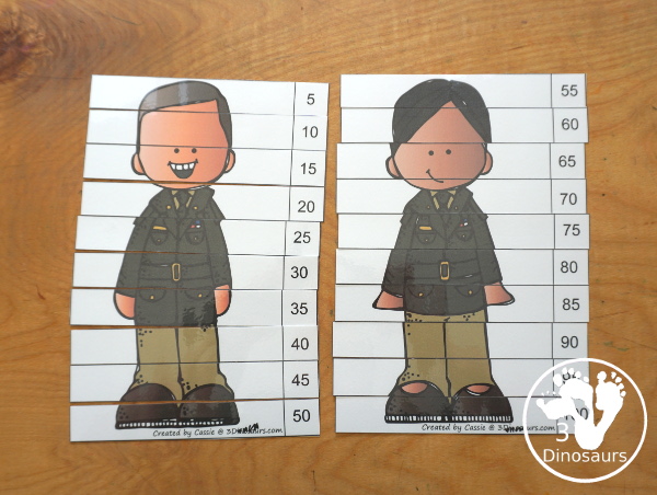 Free Veteran's Day Skip Counting Puzzles: Skip Count by 2, 5, 10 & 11 - fun skip counting puzzles with military people in the puzzles and an easy way to work on skip counting.  - 3Dinosaurs.com