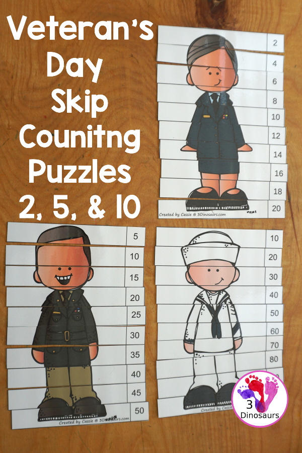 Free Veteran's Day Skip Counting Puzzles: Skip Count by 2, 5, 10 & 11 - fun skip counting puzzles with military people in the puzzles and an easy way to work on skip counting. - 3Dinosaurs.com